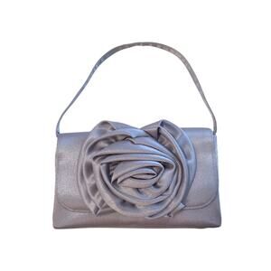 Vintage Nitebags Silver Satin Evening Bag Rosette Floral Top Handle Small Clutch